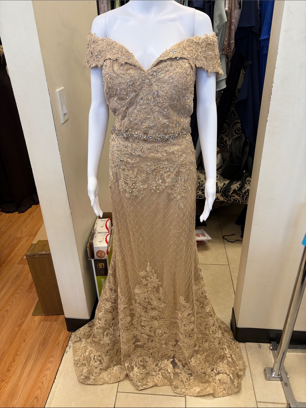 Gold off the shoulder embellished dress with a beaded waist size 14 Marsoni